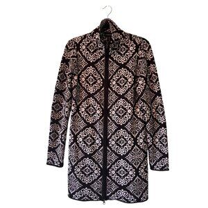Cynthia Rowley Womens Black & White Full-Zip Knit Jacket With Ornate Pattern